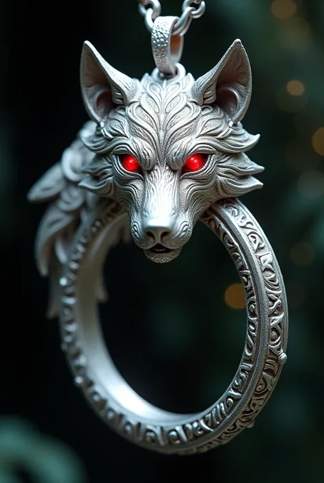 an ancient wolf pandent made of white gold with a ring with wolf on it, the eyes of the wolf are red