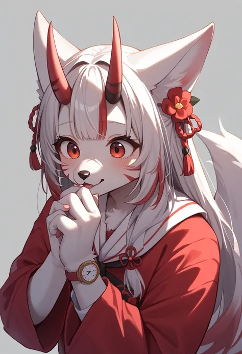  Hyakki Ayame 、Kemonize、Fox Ears、Beard、 animal nose 、 cute、 and watch the viewers、:3、 fox tail 、transfur, fur, white fur, transformation, fox nose, fox snout, fox eyes、 demon horns、evildoer、anthro fox girl, fox girl,