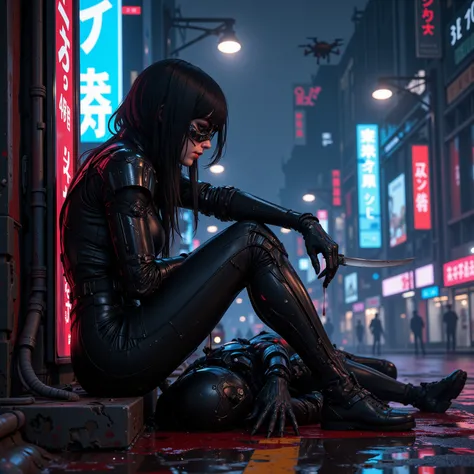  The scene captures a futuristic assassin sitting on her dead target ,  the brilliant contrast between lethality and coolness printed on her relaxed posture .  Her athletic and slender body ,  sculpted for speed and precision ,  is wrapped in a black tacti...