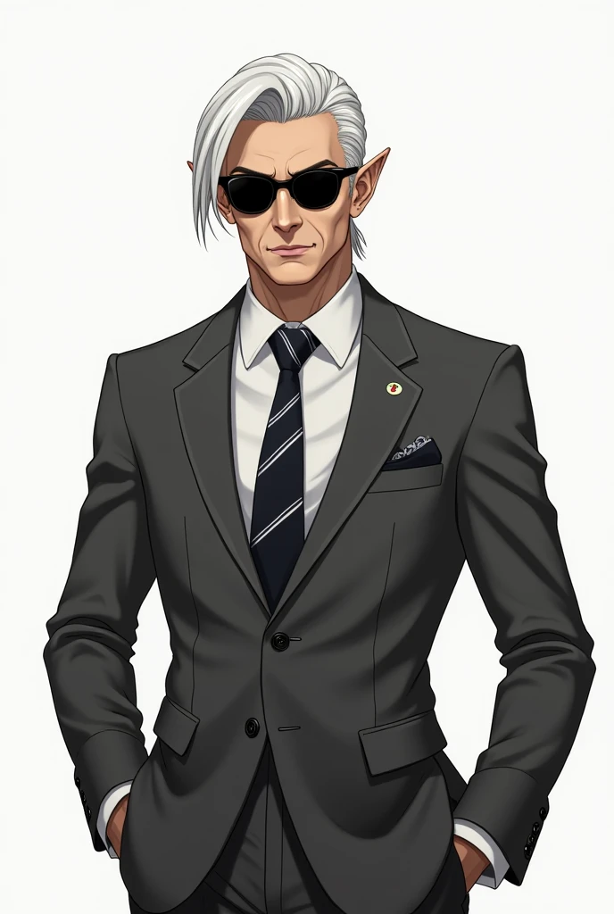 character illustration : 
 Gabriel is a man in his thirties , always impeccably dressed ,  with a tight gray suit and a striped tie ,  reinforcing his professional posture . your white hair,  almost silver is brushed back ,  leaving a loose lock on the sid...