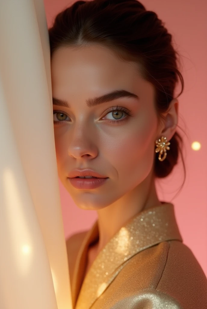 An elegant and mysterious woman, with her face partially visible, revealing only a striking and confident look. The soft lighting highlights delicate features, while the sophisticated background combines shades of pink, gold and white in a subtle and luxur...