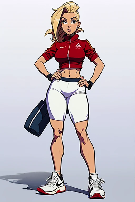 Trayce ​​​​is a sports woman with an athletic body. dressed in a white Nike tracksuit. She is wearing Nike sneakers and a fanny pack. she is in the university . The image is a cartoon sketch