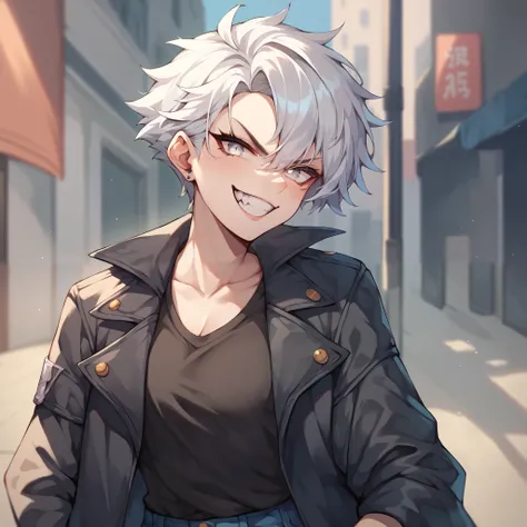 a tomboy with white hair and white eyes. she has a sadistic and evil grin on her face as stands infront of you while on a street during the day. she wears a black jacket with a black shirt and blue jeans.