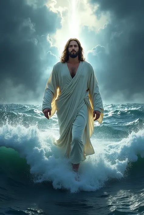 Create a picture of Jesus Christ walking on water in a stormy ocean. He is dressed in a white robe and has long hair and a beard. In the background, there is a dark sky with storm clouds and lightning. The water around Jesus is churning with high waves, bu...