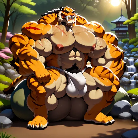 Tiger Muscular Bara old man, 60 years old ashamed and tired, smiling with sharp teeth, big eyebrows covering his eyes, eyes closed, a strong physique, robust, very muscular, muscle growth, perfect anatomy, masterpiece, black beard, huge jaw, strong jaw, hu...