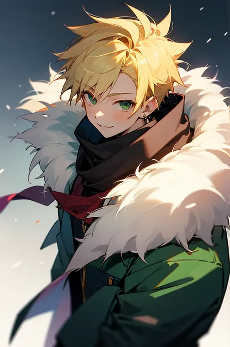 1boy,solo,male focus,mukai tomoki,blonde hair,green eyes,shot hair,spiked hair,earrings,smile,scarf,jacket,winter