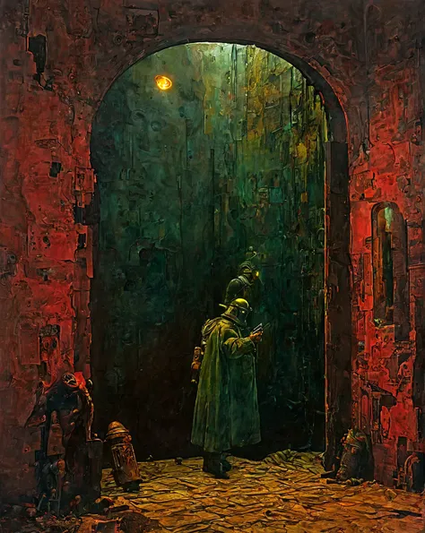 cop checking an alley, pistol on a hand, dark surrealist artwork style of a dystopian Zdzisław Beksiński environment and world of a room inside another room seen from a mirror, with abstract walls, big queue of hollow figures, armor, cinematics colors, lig...