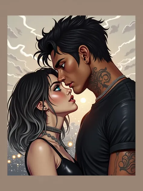 a couple in love, She has brown hair and it lightens to white towards the tips. Wear black leather clothing and light blue eyes. He is tall,  dark leather,  amber eyes ,  has short black hair and a tattoo on her neck, Also all dressed in black. the backgro...