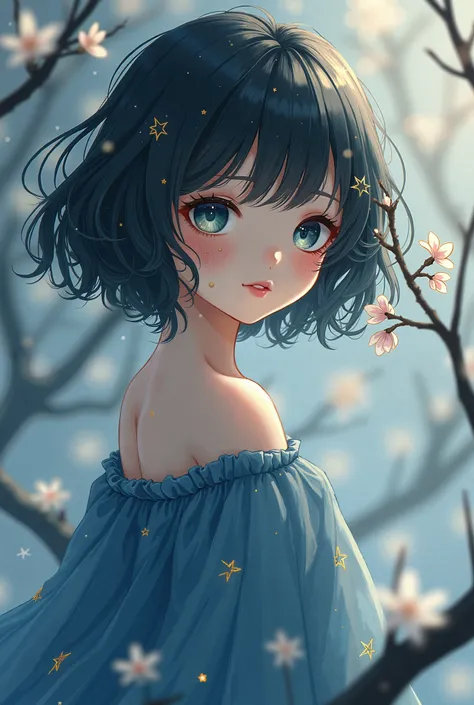 
“A beautiful anime-style girl with short, wavy dark hair and star-like golden specks in her hair. She has large, melancholic blue-green eyes, soft freckles on her cheeks, and slightly parted lips. She wears a flowing, off-the-shoulder blue dress with smal...