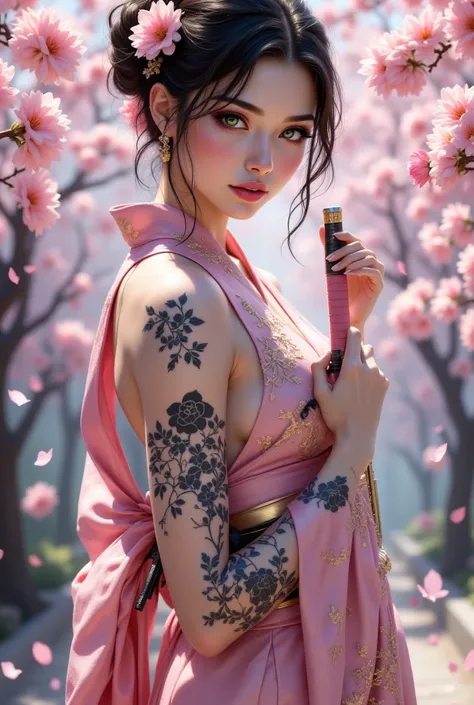 This image is a highly detailed digital painting in the fantasy genre. It features a young woman with light skin and dark brown hair styled in an elegant updo adorned with pink flowers. She has a delicate, heart-shaped face with high cheekbones, sharp eyeb...