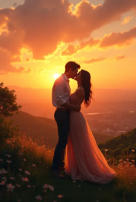 A hill with a sunset and a couple giving their first kiss 