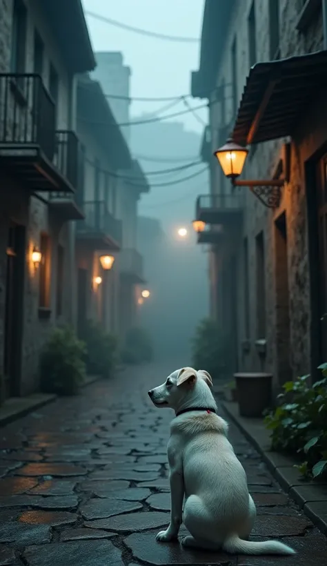 It's a foggy evening in an old town where narrow alleyways twist between weathered buildings. Streetlights flicker, casting eerie shadows on the cracked pavement
The white puppy sits beside its father white dog, its tail wagging as it watches the man, a hu...