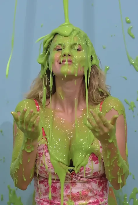 DSLR photograph. Beautiful girl covered in green water. 21 year old. (Photorealistic: 1.4). (Raw photo: 1.2). Gameshow background. Wearing pink floral sundress with cleavage. Raining slime. Cleavage. Green slime. Green water. Screaming. Blue eyes. Wavy blo...