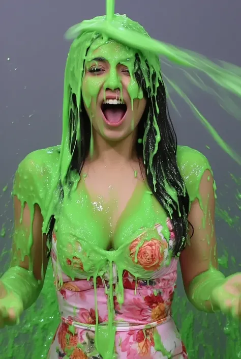 DSLR photograph. Beautiful Asian girl covered in green water. 21 year old. (Photorealistic: 1.4). (Raw photo: 1.2). Gameshow background. Wearing pink floral sundress with cleavage. Raining slime. Cleavage. Green slime. Green water. Screaming. Blue eyes. Wa...