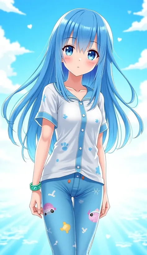 anime girl long sky blue waterfall hair blue eyes aquamarine Fish themed pajama shirt green bracelet with aquamarine stone Pirate themed pajama pants