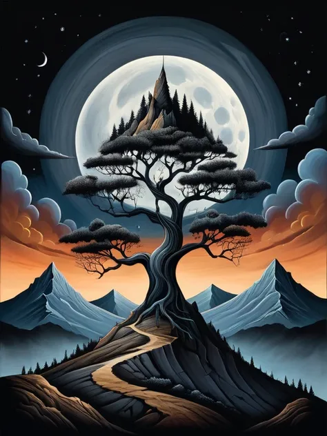 Paint a tree on top of a mountain, surrealist illustration, Surrealist dark art, Pop surrealism Lowbrow Art Style, Lowbrow art, dusk, moon,art isolated on a black background making it easy to remove