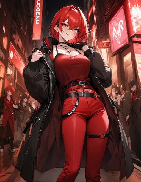 score_9, score_8_up, score_7_up, masterpiece, best quality, amazing quality, best aesthetic, ,absurdres, cute, iori_xv, red hair, red eyes, chocker, black coat, black shoes, belt, red shirt, JEWELRY, red pants