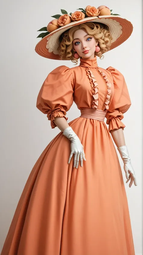 A coquettish 15yo blonde thot of the 1890s. Year 1897. ((Wearing high-collar peach-colored ruffled gown with long puff sleeves and wide-brimmed hat)), white gloves, waistband, petticoats, silk stockings and boots peeking out beneath her skirt. (((Impossibl...