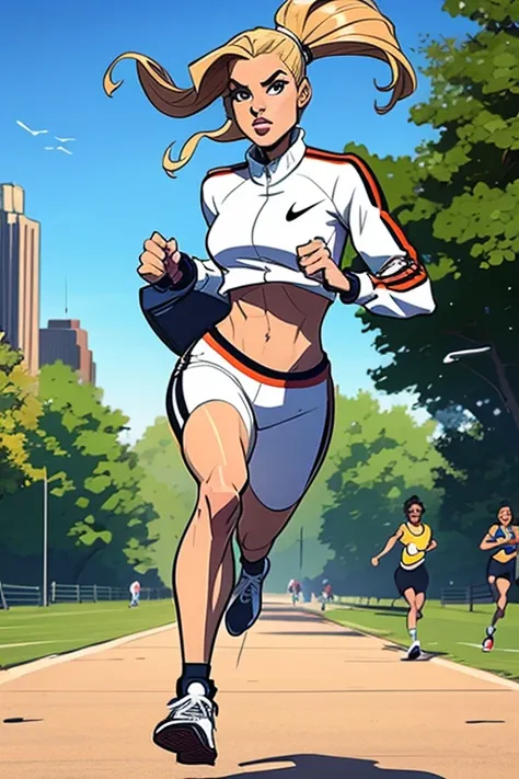 Trayce ​​​​is a sports woman with an athletic body. dressed in a white Nike tracksuit. She is wearing Nike sneakers and a fanny pack. she is running through central park . The image is a cartoon sketch
