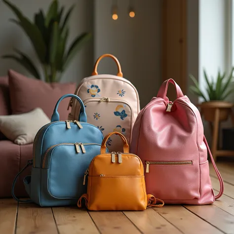 Capture a realistic and well-lit photograph of a selection of colorful handmade backpacks and tote bags arranged on a wooden surface. The image should feature both ren’s character-themed bags and elegant, practical bags for adults. Soft lighting and a cozy...