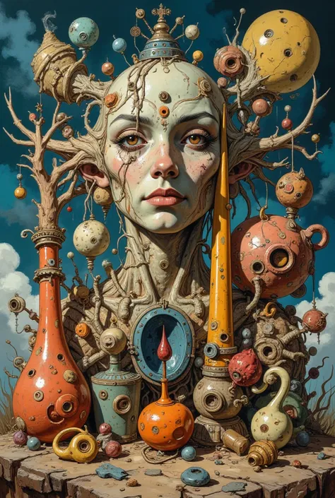 Oddments, array of strange objects, surreal composition, vibrant palette, (hyperrealistic facial features:1.3)