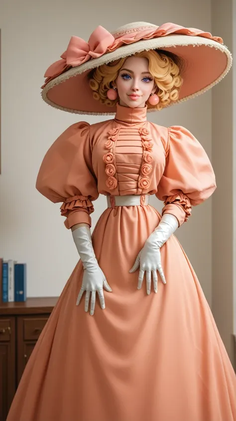 A coquettish 15yo blonde thot of the 1890s. Year 1897. ((Wearing high-collar peach-colored ruffled gown with long puff sleeves and wide-brimmed hat)), white gloves, waistband, petticoats, silk stockings and boots peeking out beneath her skirt. (((Impossibl...