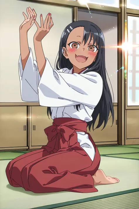 source_anime, score_9, score_8_up, score_7_up, anime screencap, absurdres, high quality,
(nagatoro hayase, brown eyes, dark-skinned female, tan, black hair, hairclip, earclip, hair ornament, long hair, outfit-shrine-maiden, hakama, japanese clothes, red ha...