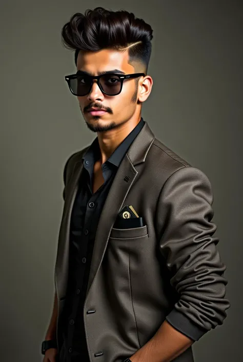 zain 17-year-old, dark brown eye colour, The Original Stache Look small hair fade haircut, he is a pakistani cute boy and please ensure that zain face must be according to his body, in a vintage style, retro fashion composition, full dressed business style...