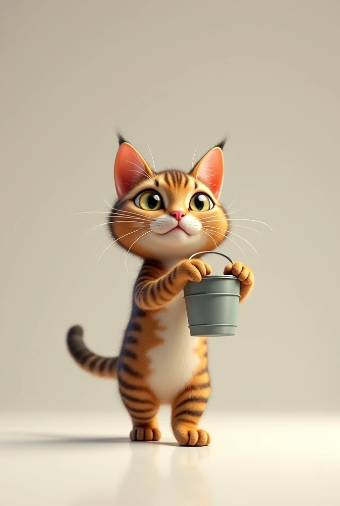 Create an image of a walking cat with a bucket in its hand 