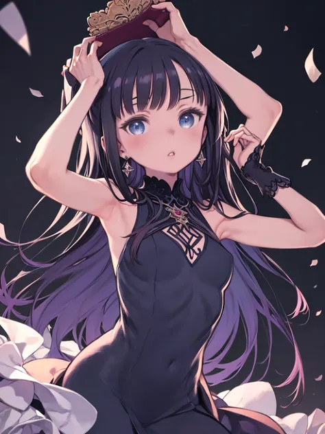  score_9,  score_8_ up the side,  score_7_ up the side,  source_Anime,  1 girl, chest,  bore hancock,  dress ,  jewelry, blue eyes,  earrings,  long hair,  black hair, Alone,  under the arm, purple  dress ,  staring at the viewer , arms  up the side, chest...