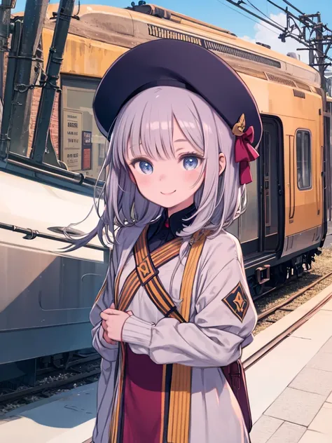  1 girl, masterpiece,  top quality,  very detailed,  illustration of a train, urza pranaice, Outdoors,  upper body, uniform, beret,  hair bow, smile, 