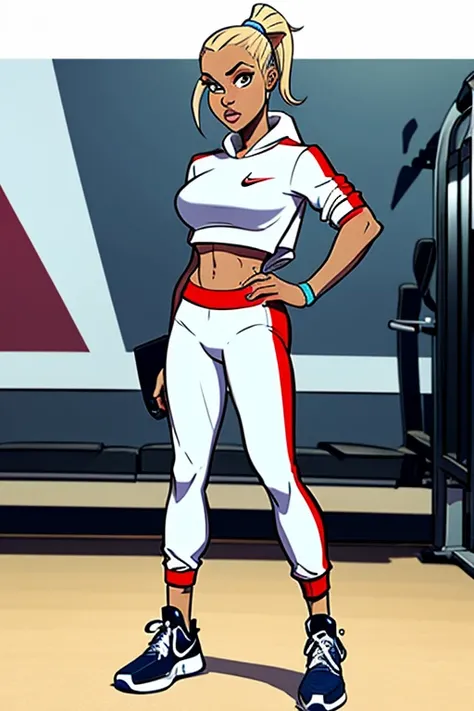 Trayce ​​​​is a sports woman with an athletic body. dressed in a white Nike tracksuit. She is wearing Nike sneakers and a fanny pack. she is at the gym . The image is a cartoon sketch
