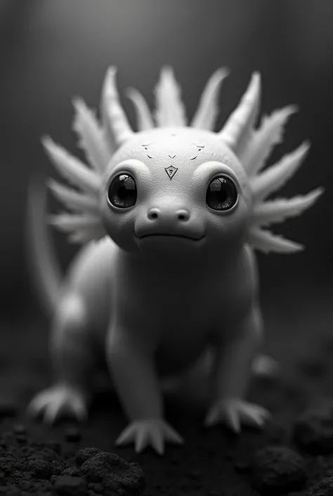 Give me a black and white image of an axolotl that has a mythological appearance