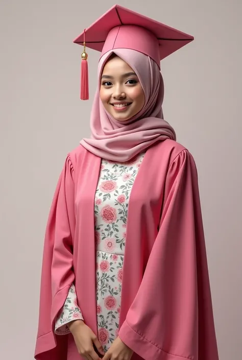 Pink hijabi lady in pink floral dress with black graduation hat and gown