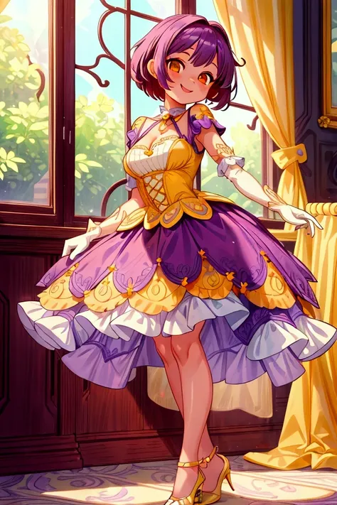 (Masterpiece, best quality), 1 girl, purple short hair, orange eyes, standing indoors with intricate details and sunlight, white frilled dress with short neckline, yellow heels, lilac gloves, sexy pose, smile, beautiful legs, mature body, gorgeous, pronoun...