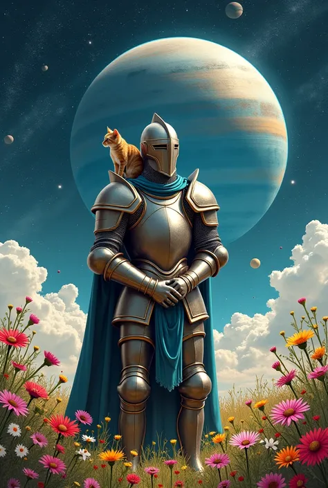  a knight in iron armor politely tied his hands, a cat on the shoulder, a circle of various flowers , a starry and planetary sky 