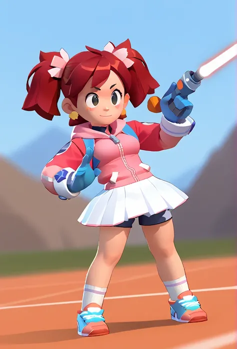 best quality, masterpiece, highres, detailed, digital artwork, SayakaYumi, short twintails, red hair, black eyes, big head, blue gloves, pink hoodie, white skirt, shorts under skirt, ready to battle, blush, white socks with a pink stripe, orange tennis sho...