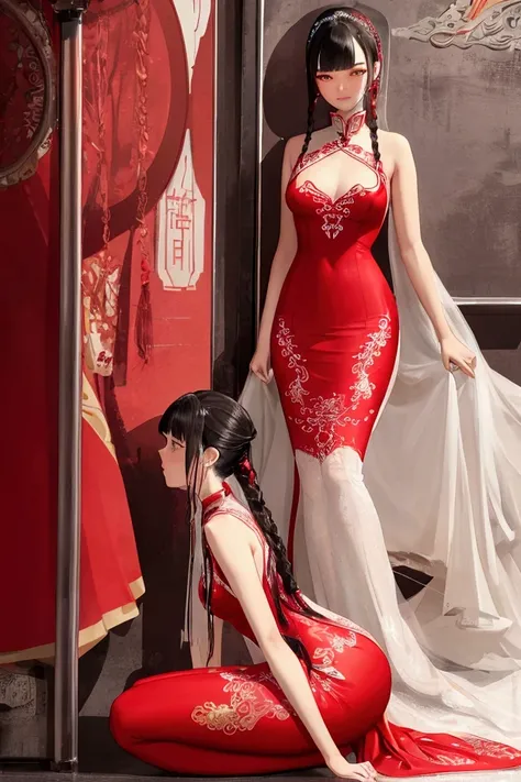 Graceful blushed slender flat chest sissy female with white twin braids hairstyle and bangs, wearing identical full red black retro cheongsam style tight-fitting bodycon mermaid wedding dress with extremely long majestic train, full body view from side bel...