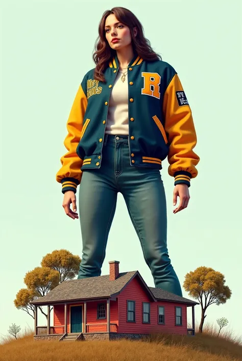 One Giant women wearing varsity jacket in small house and she is super giant 