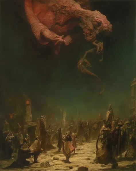 nude woman above a huge dragon flying, dark surrealist artwork style of a dystopian Zdzisław Beksiński environment and world, big queue of hollow figures on the floor, armor, cinematics colors, lights and shadows on high contrast, dark red, brown, deep dar...