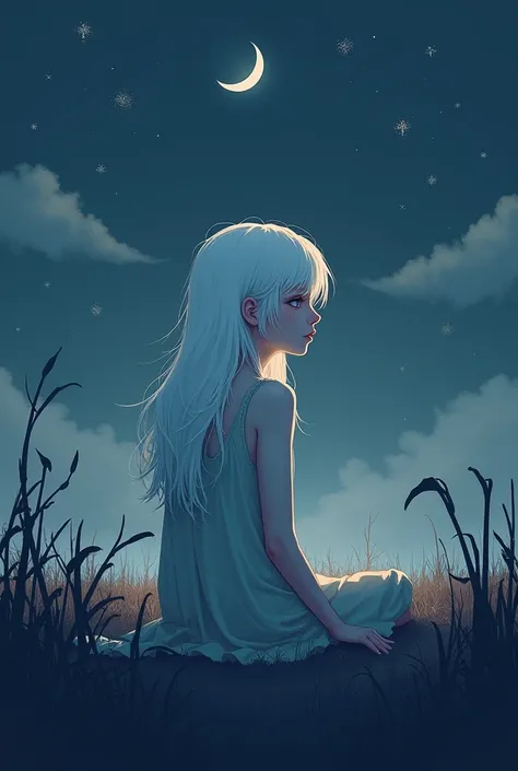 Create a lofi image of a white-haired girl at night 