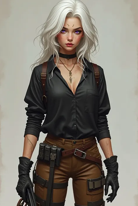  A young brunette woman, with purple eyes, with big white hair,  with some scars and golden marks on her face and body, wearing a loose black blouse,,  wearing brown pants with weapons , And a dark boot 