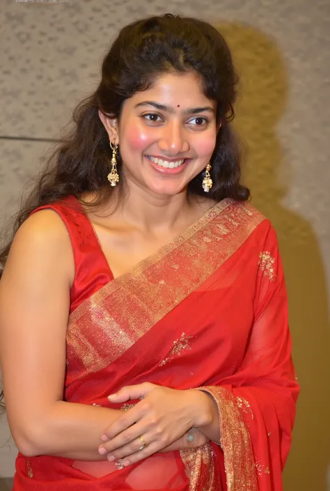 sai pallavi beautiful actress full body, brown eyes, beautiful face, supermodel face, amazing eyes, wearing red transparent saree with sleeveless, showing her sexy navel, her both hand upraising  and showing her armfit, old man kissing sai pallavi from her...