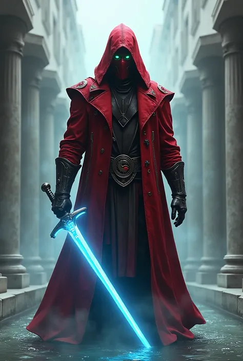 Ermac from Mortal Kombat wearing a red mask and a red suit with green eyes and a glowing blue sword walking in the Trevi Fountain on a misty day