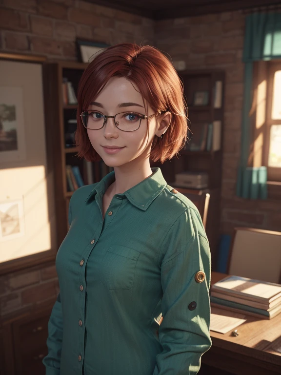  close-up ,  upper body . Short,  red hair,  green eyes,  metal-framed glasses, green shirt with buttons, a smiling 15-year-old girl is standing in her office. ( masterpiece,  top quality,  best quality,  official art ,  beautiful and aesthetic:1.2),  Extr...