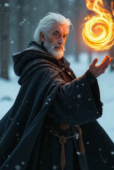 wizard men in his 30s, white hair, winter, flames in brown eyes,  black cloak, confident face, delicate detail. ultra details. highly detailed characters, dark atmospere, makes a firewheel