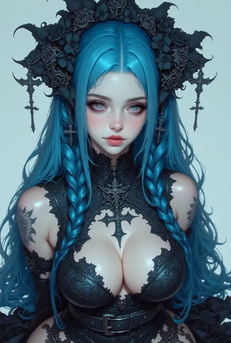 (masterpiece, best quality), pale skin, goth girl, shiny skin, beautiful face, freely hanging braids, topless, perfect breasts, cleavage, Blue hair