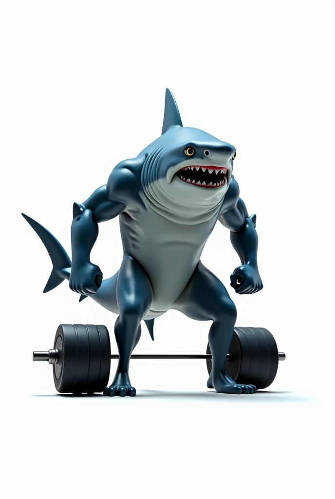  Full image of shark doing weights,  with white background, You can only see the shark and the weights 
