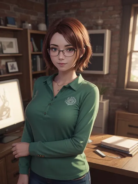  close-up ,  upper body . Short,  red hair,  green eyes,  metal-framed glasses, mini size 2 breasts, green shirt with buttons,  long sleeves, a smiling 15-year-old girl is standing in her office. ( masterpiece,  top quality,  best quality,  official art , ...