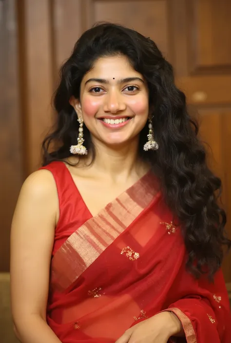 sai pallavi beautiful actress full body, brown eyes, beautiful face, supermodel face, amazing eyes, wearing red transparent saree with sleeveless, showing her sexy navel, showing her armfit, laydown on bed, looking at front camera, old man kissing her, rea...